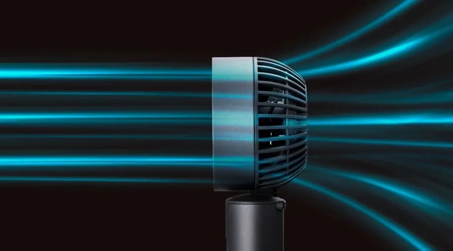 PJ-HS01の筒状フォルムと渦状グリルによる直進風のイメージ