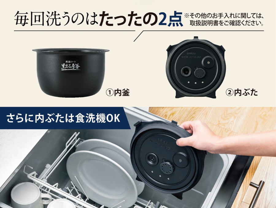 毎回洗う内釜と内ぶたの2点、内ぶたの食洗機対応