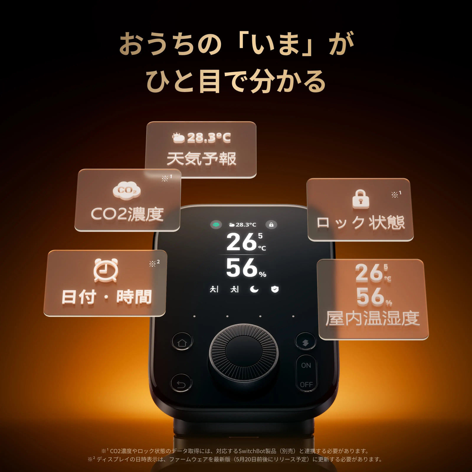 ハブ3の画面に温湿度や連携機器の情報を表示した公式画像