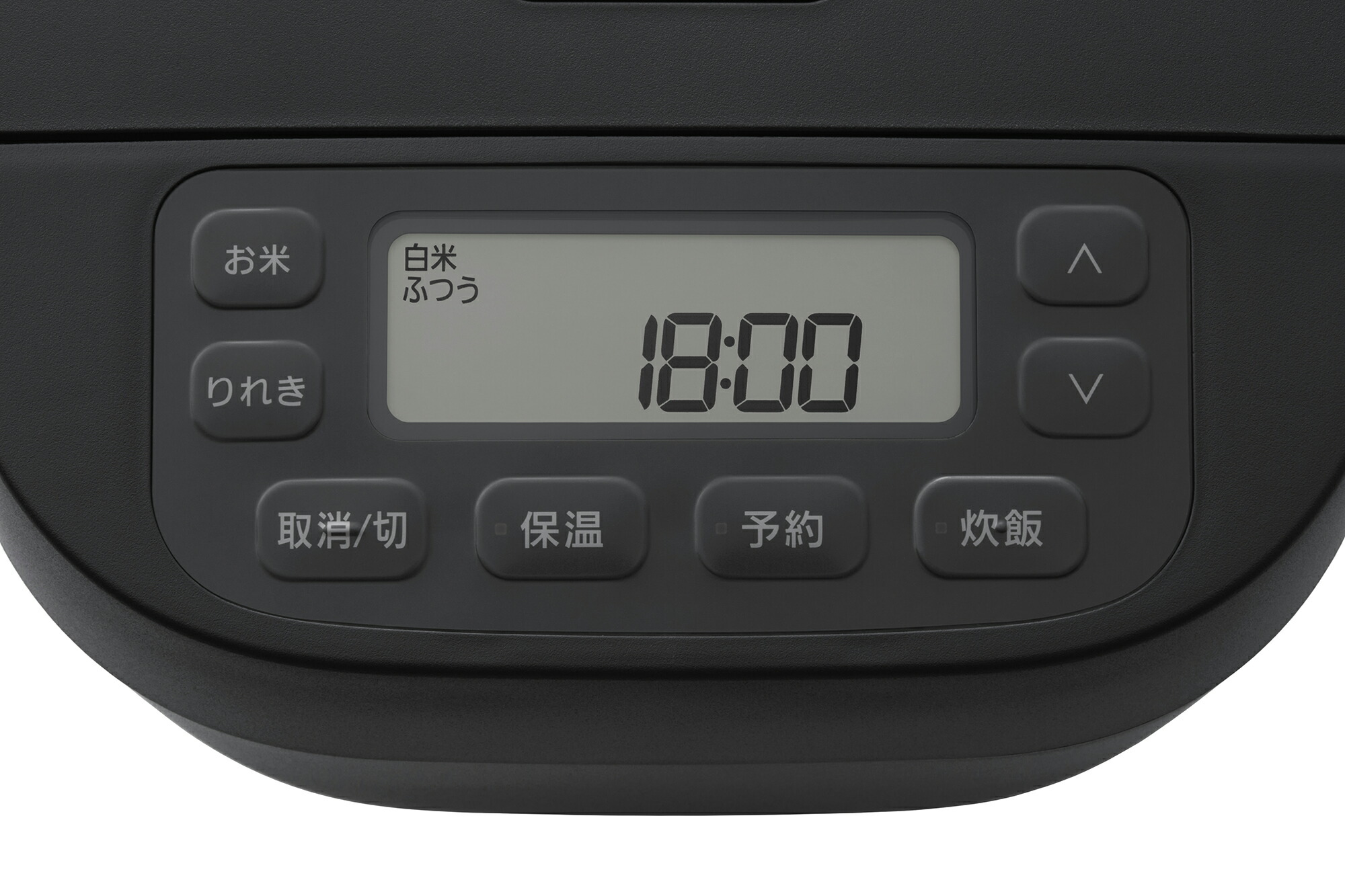 SR-N310Eブラックの液晶とお米・りれき・予約・炊飯ボタンを示す公式写真