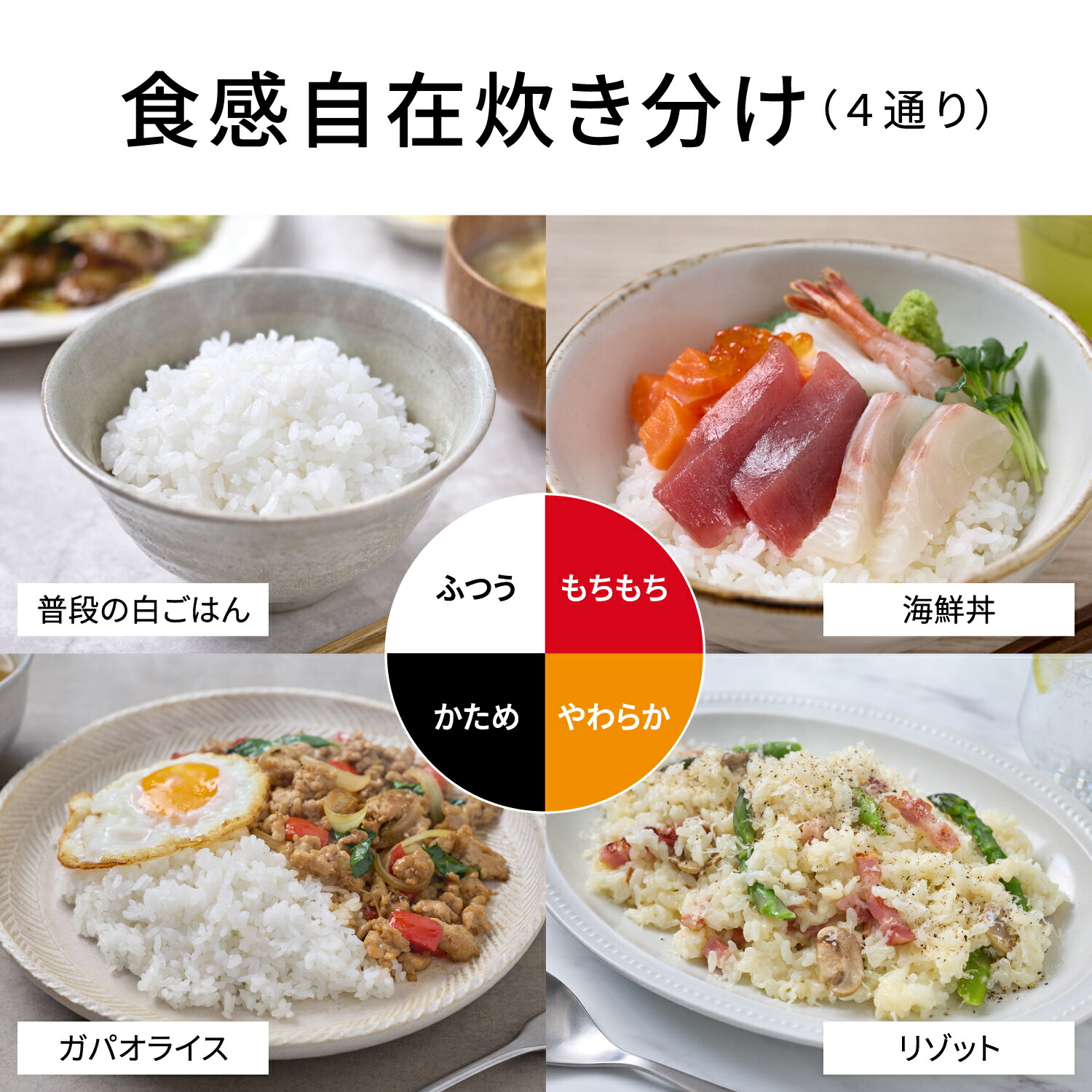 SR-N310Eのふつう・かため・やわらか・もちもちと料理を示すPanasonic公式ストア画像